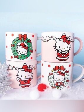 NEW Set of 4 Hello Kitty Pink & Red Holiday Mugs
